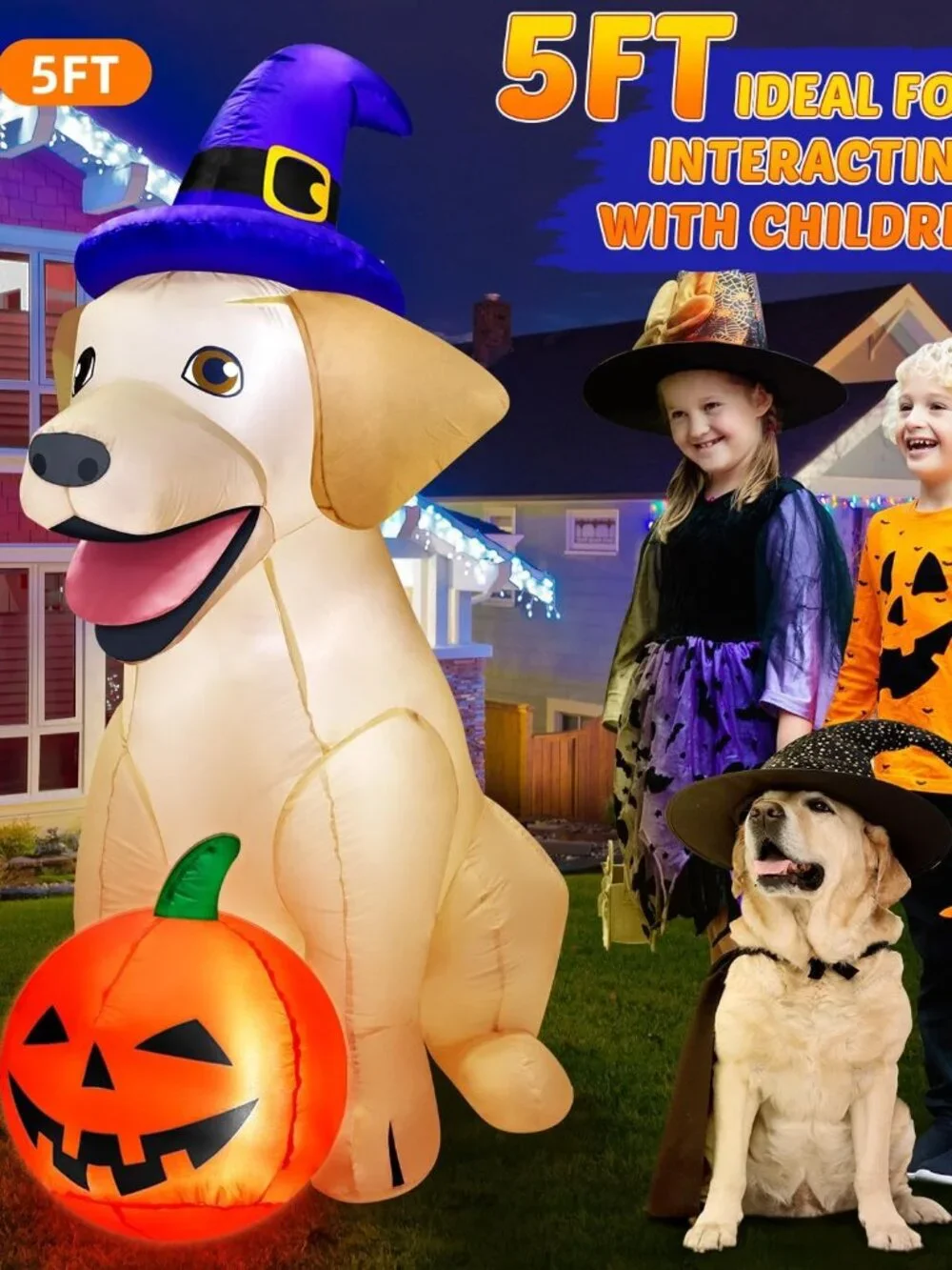 5FT Halloween Inflatable Lab Dog Pumpkin Witch Hat LED Outdoor Yard Decoration